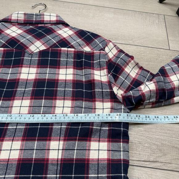 Jachs Girlfriend Sherpa Lined Flannel Shirt Overshirt Plaid Red Navy White Sz L - Picture 9 of 10